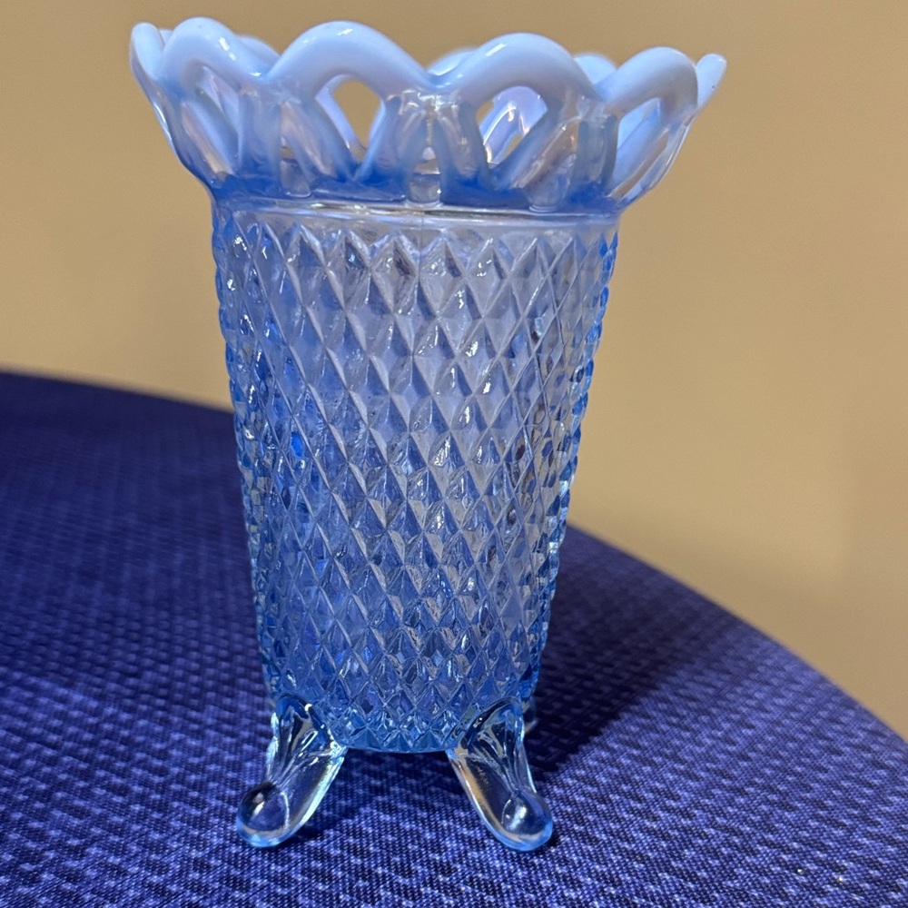 Sold
Imperial Glass Katy Blue Opalescent Laced Edge 4 Footed Vase 5.25” tall